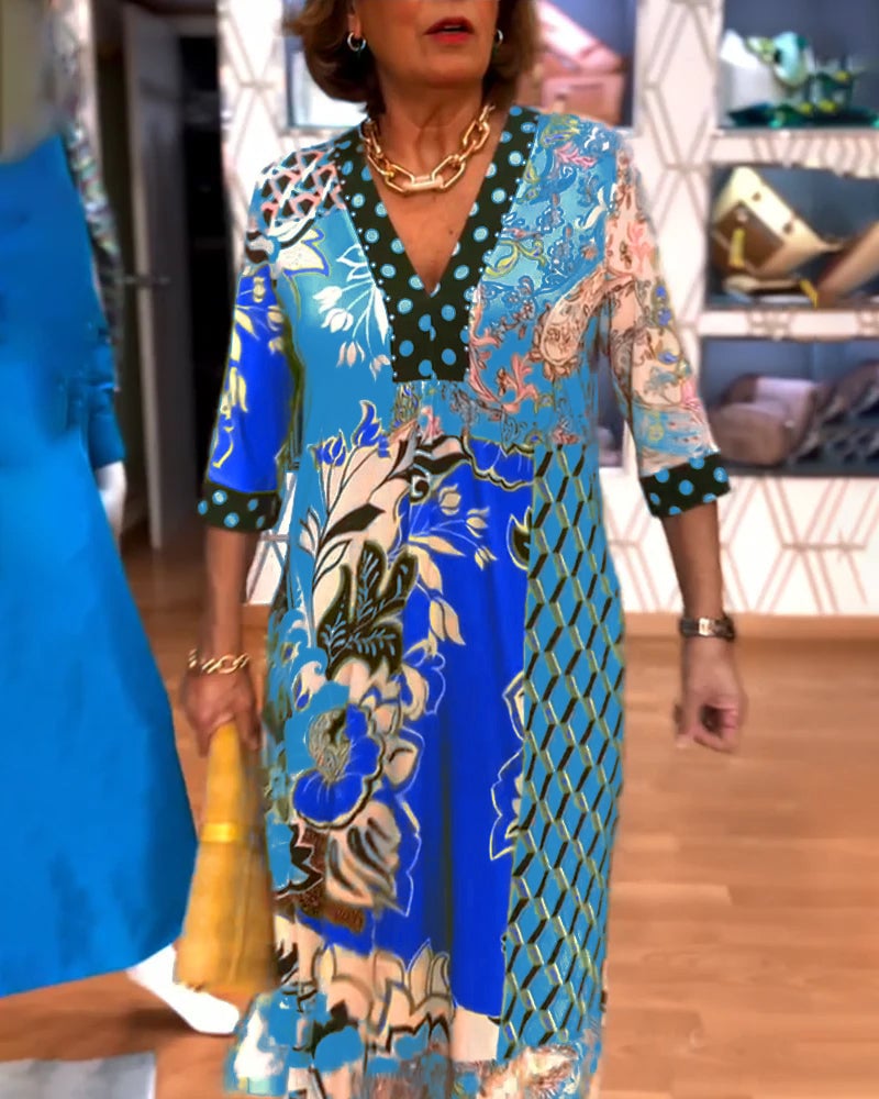 Robe au Col en V avec Impression Vintage et Découpe en Fente