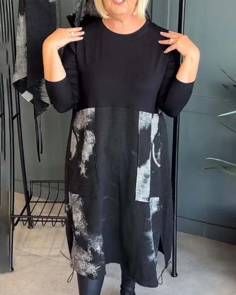 Casual printed pocket long sleeve dress