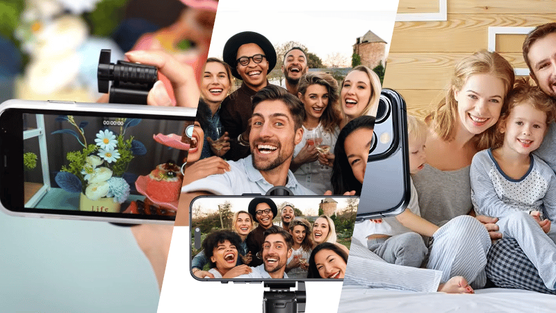 Collage of use cases: video calls, filming workouts, couple photos, and recording a kid's soccer game.