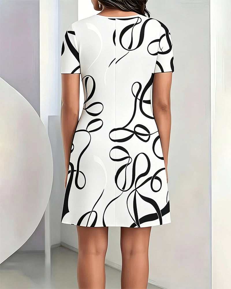 Line Print Crew Neck Dress
