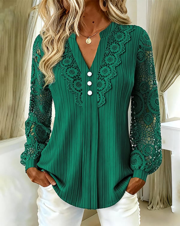 Bluse Spitze Eingesetzt Langarm V-Ausschnitt