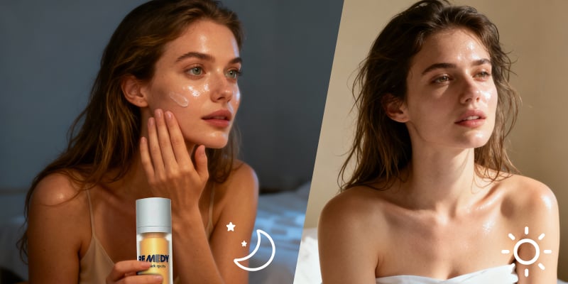 Illustration showing a woman applying serum at night and waking up with radiant skin