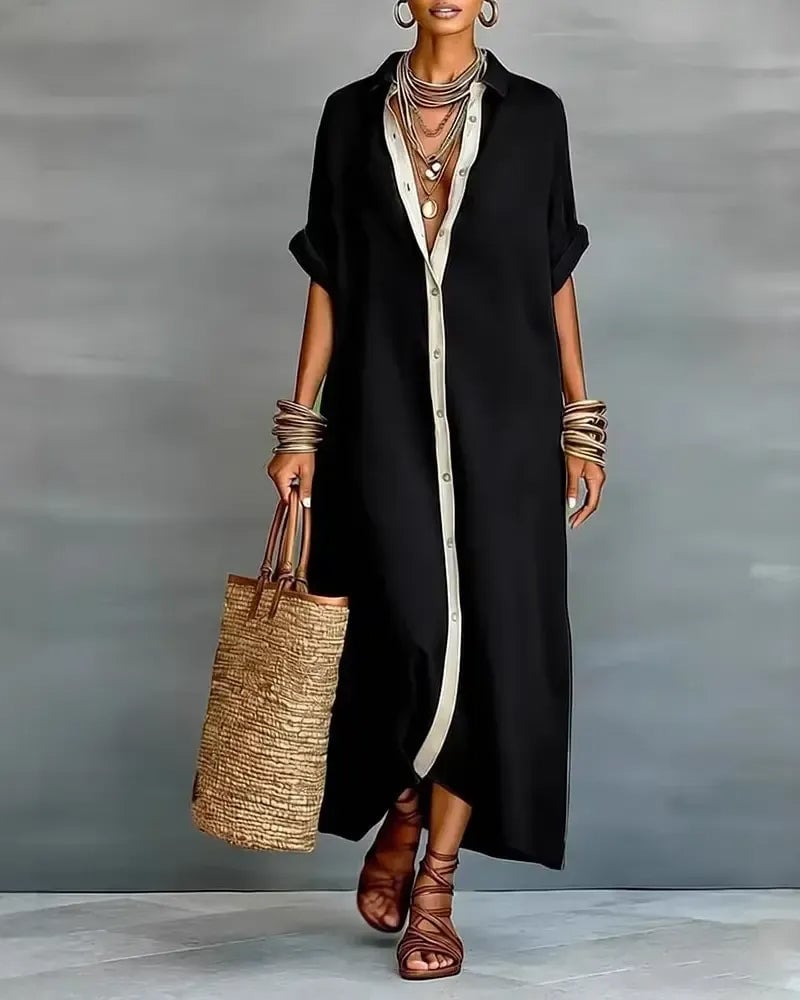 Elegant Lapel-Collar Draped Shirt Dress