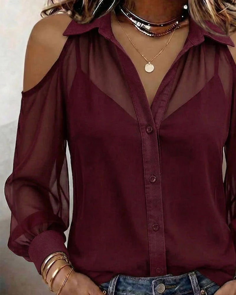 Lapel Off Shoulder Sheer Shirt Camisole Two Piece Set