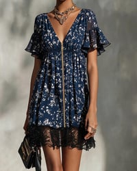Floral V-Neck Zip Lace Dress