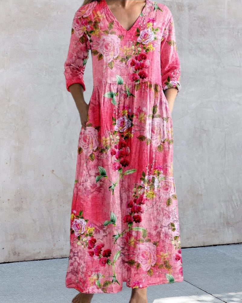 Elegant floral print V-neck pocket dress