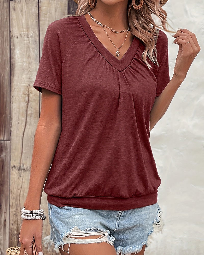 Casual Pleated V-Neck T-Shirt