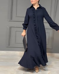 Lantern sleeve button ruffle shirt dress