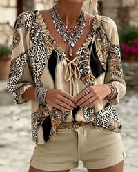 V-Neck Leopard Puff Sleeve Tie Blouse