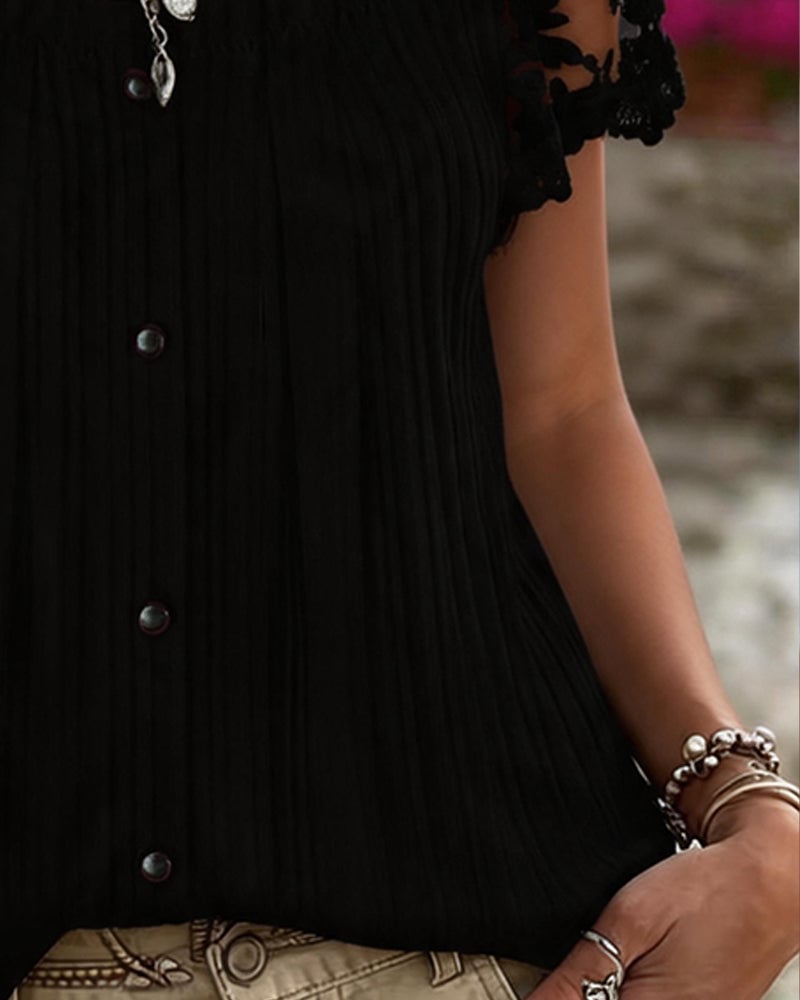 Square Neck Ribbed Lace Patchwork Blouse