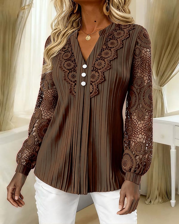 Bluse Spitze Eingesetzt Langarm V-Ausschnitt