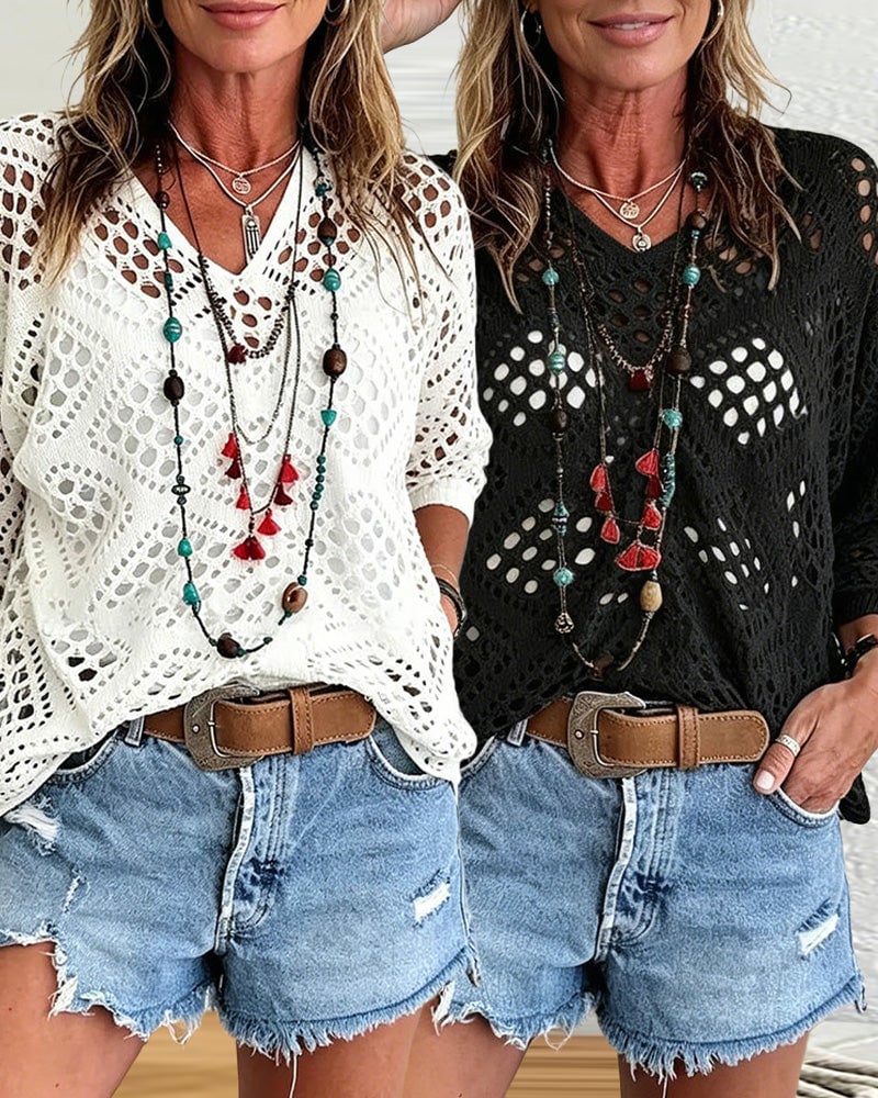 Diamond-Patterned Openwork Loose Top Set