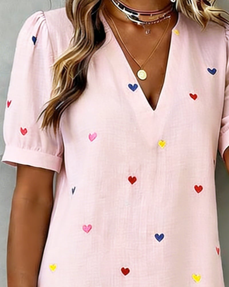 Buntes Herz-Print-Kleid Mit V-Ausschnitt