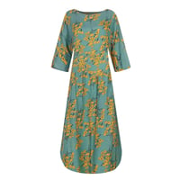 Women’s Loose Retro Round Neck Print Dress with Three-Quarter Sleeve