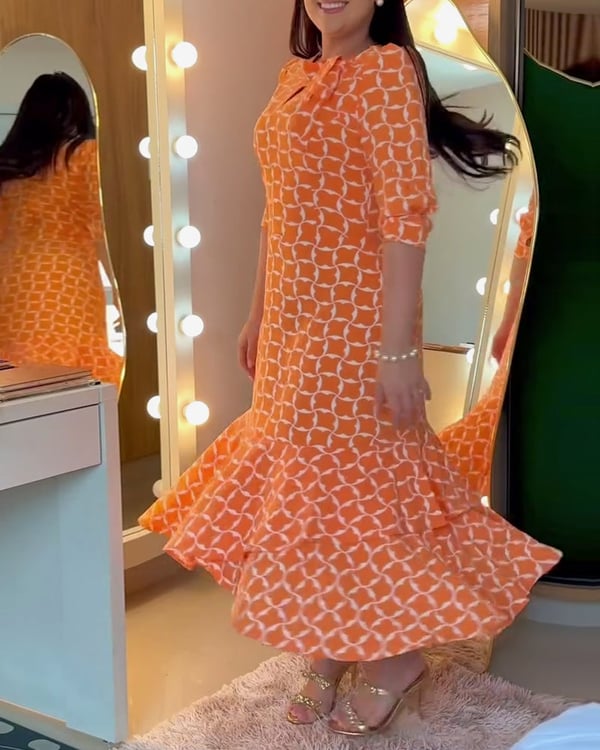 Robe Manches Mi-longues Col Rond Imprimé Taille