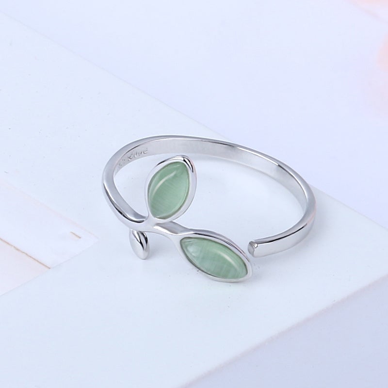 Spring in the Air Green Leaf 925 Sterling Silver Open Ring