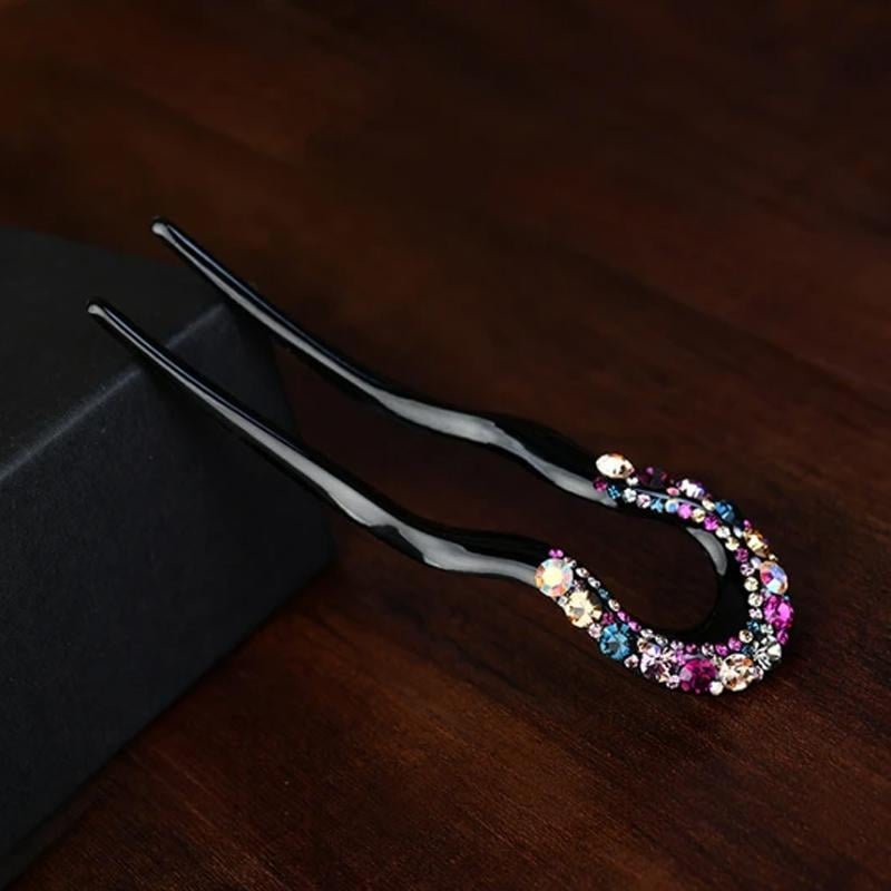 U-shape Crystal Rhinestone Double Prong Hair Pin Stick