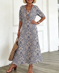Klänning Vintage Blommönster V-Hals Maxi