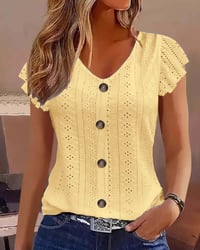 Flutter Sleeve Hollow Out Button Blouse