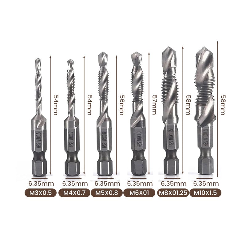 6 Piece Hexagon Shank Metric Composite Tap White Drill/Titanium Plated