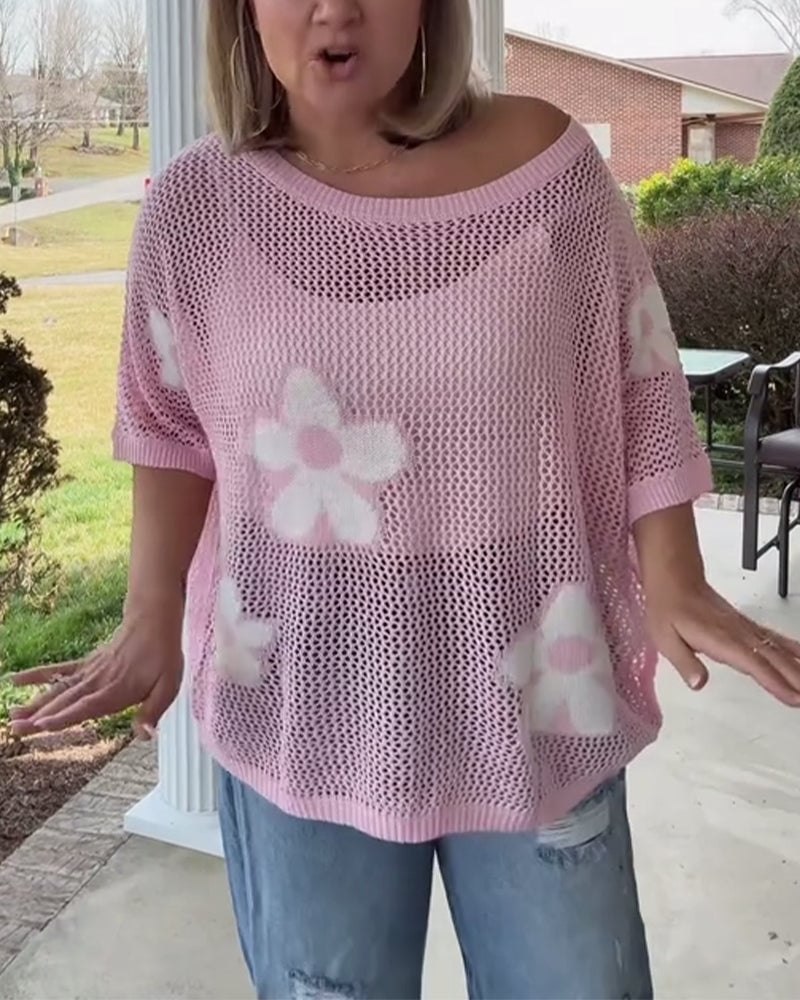 Round Neck Large Flower Hollow Sweater