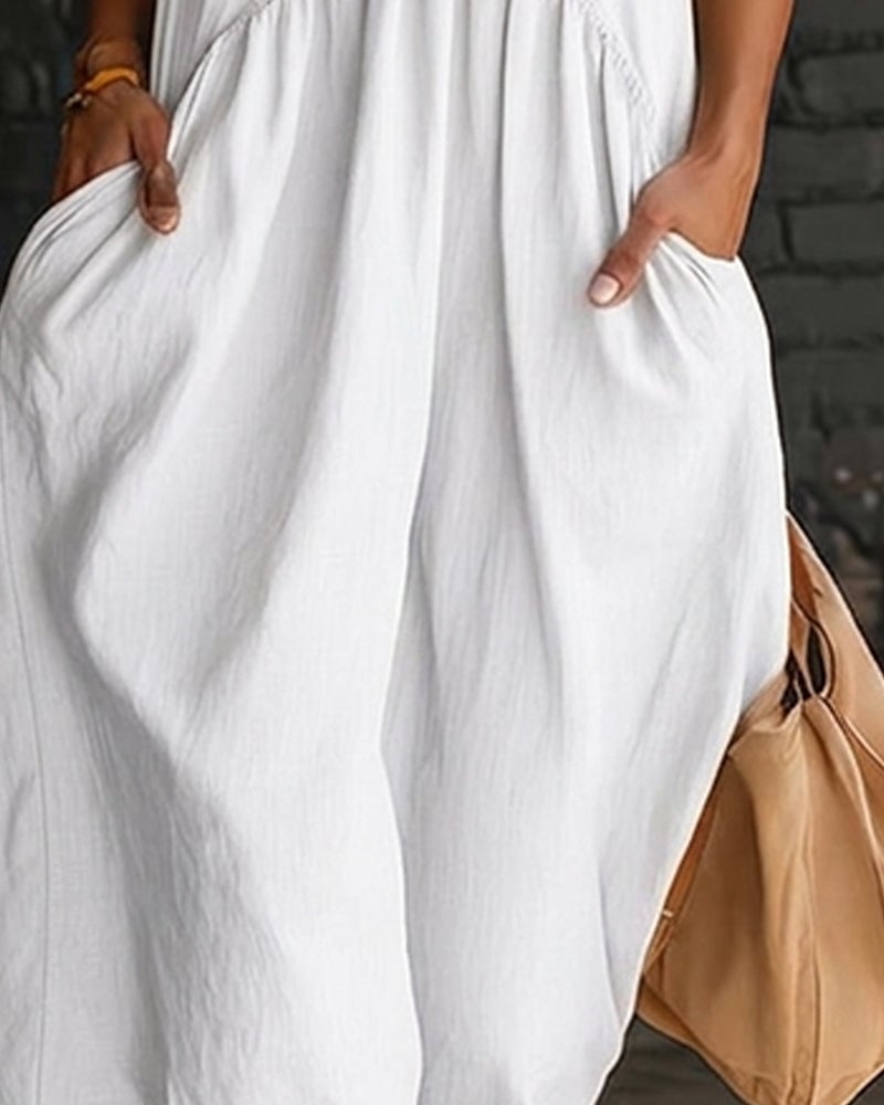 100% Cotton Sleeveless Stand-Collar Solid-Color Maxi Dress