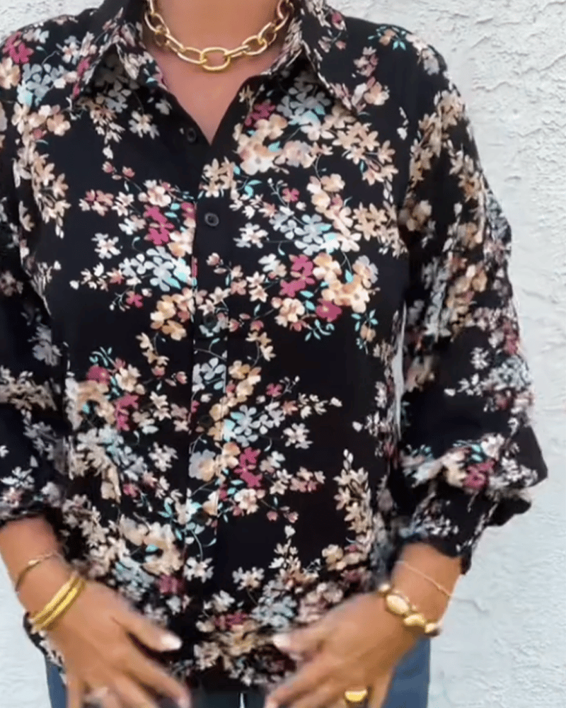 Blouse avec des Détails de Boutons Rétro et des Petits Motifs Floraux