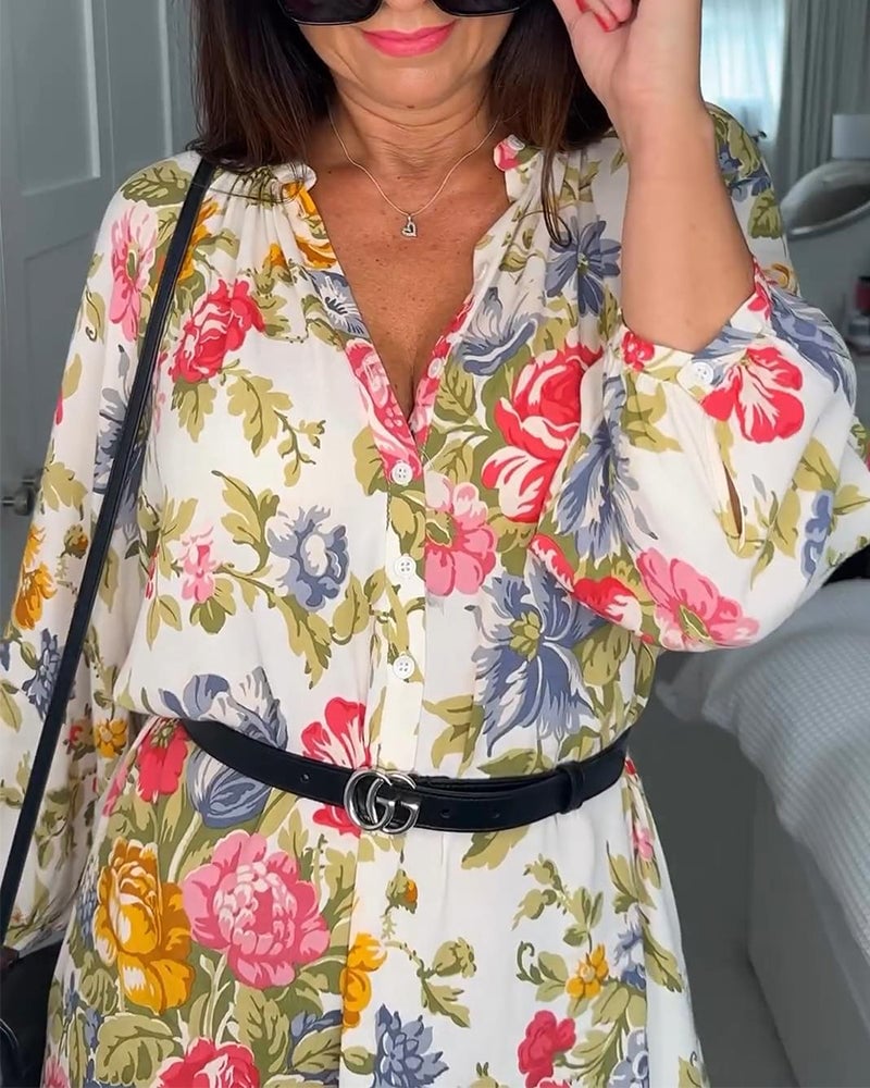 Elegant floral print V-neck button dress
