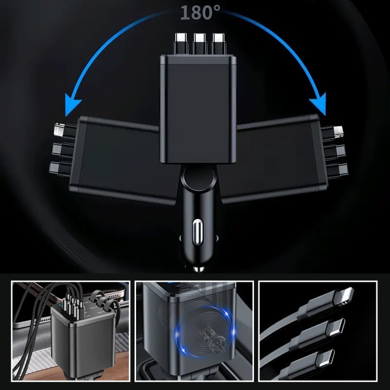 7-in-1 Universal Retractable Car Charger with Intelligent Voltage Display