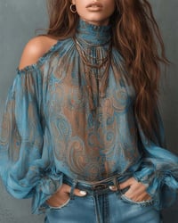 Printed Off-Shoulder Mandarin Collar Blouse