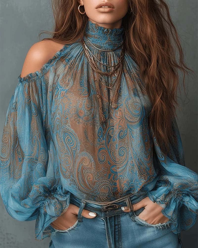 Printed Off-Shoulder Mandarin Collar Blouse