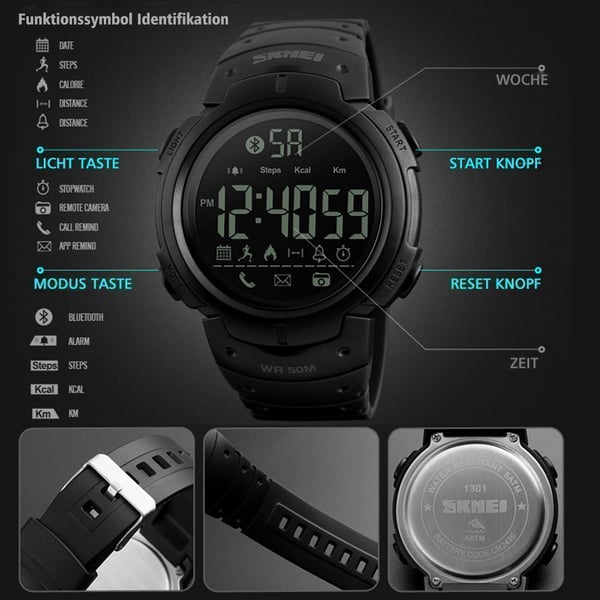 Bluetooth Schrittzähler Digital Smartuhr für Männer