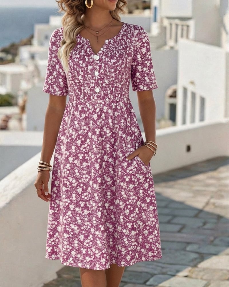 V-Neck Short-Sleeved Floral Dress