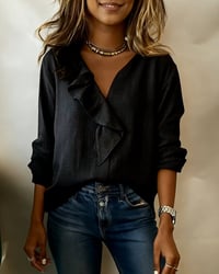 Ruffled Solid-Color Long-Sleeved Blouse
