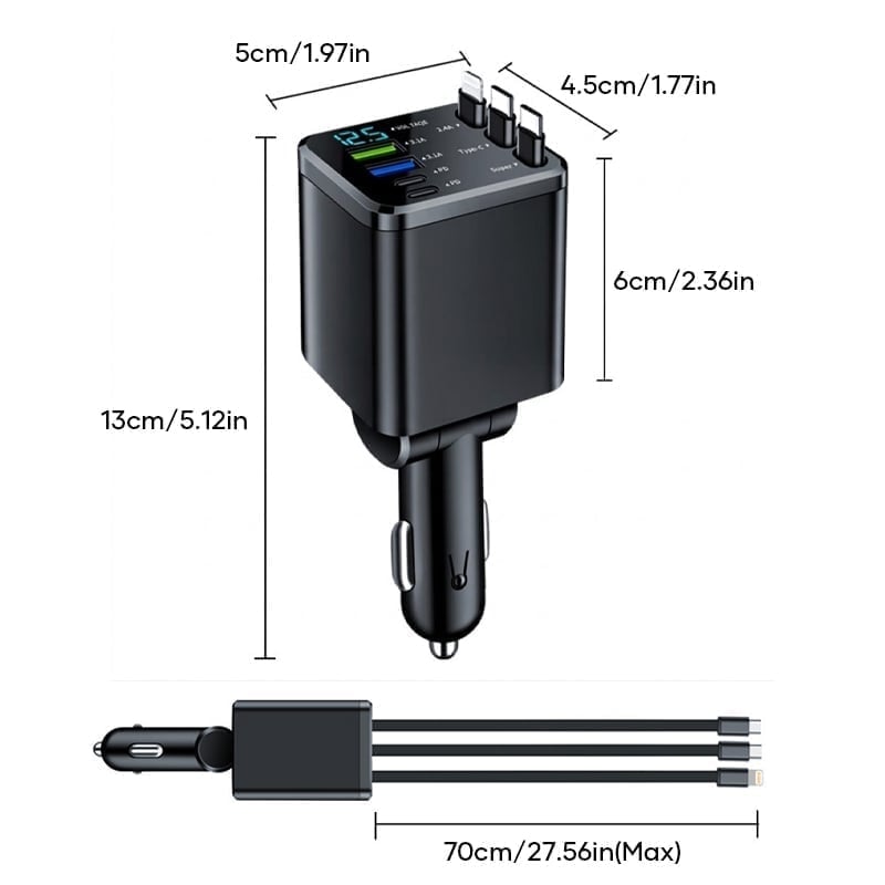 7-in-1 Universal Retractable Car Charger with Intelligent Voltage Display