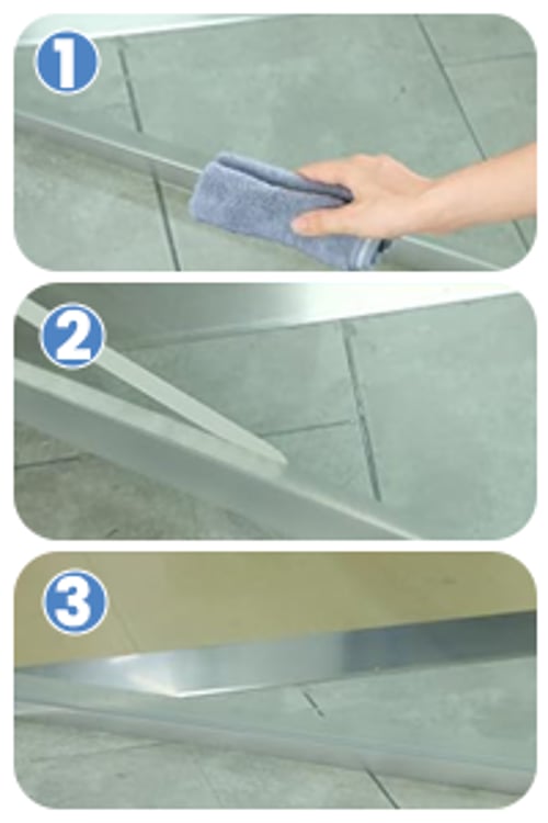 Three illustrated steps for installing the transparent weather strip