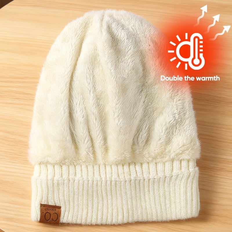 Fleece Lined Leather Patch Knit Cap