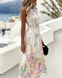 Sleeveless Floral Print Waist-Cinching Dress