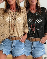 Diamond-Patterned Openwork Loose Top Set