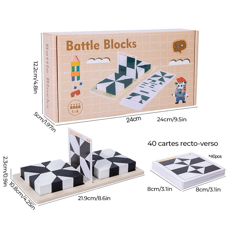 Puzzle géométrique en bois avec blocs cachés et plateau de rangement
