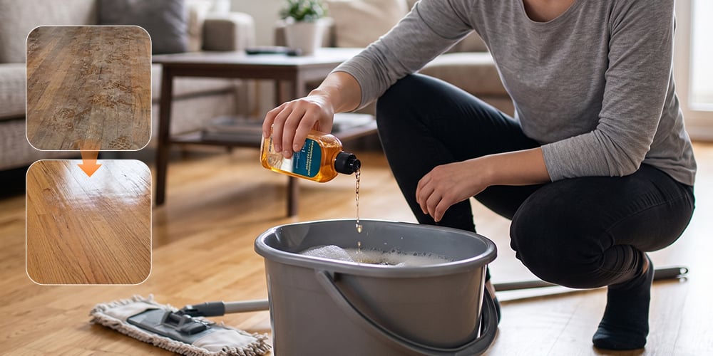 Floor cleaning solution being poured into a bucket