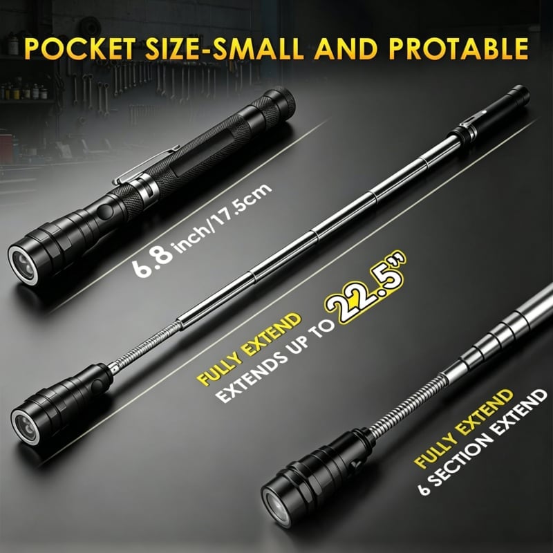 Telescoping Magnetic Flashlight with Flexible LED Pickup Tool