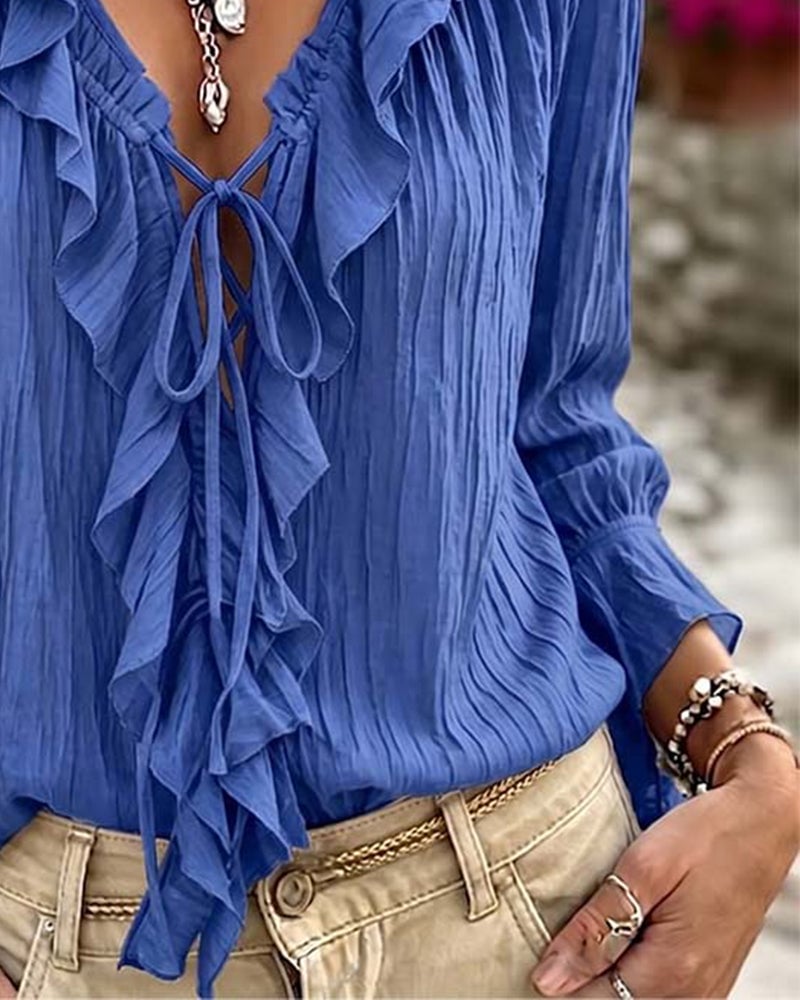 Ruffle Trim Lace-Up Long Sleeve Blouse