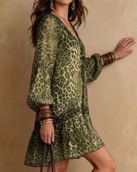 V-Neck Leopard Print Puff-Sleeve Ruffle Dress