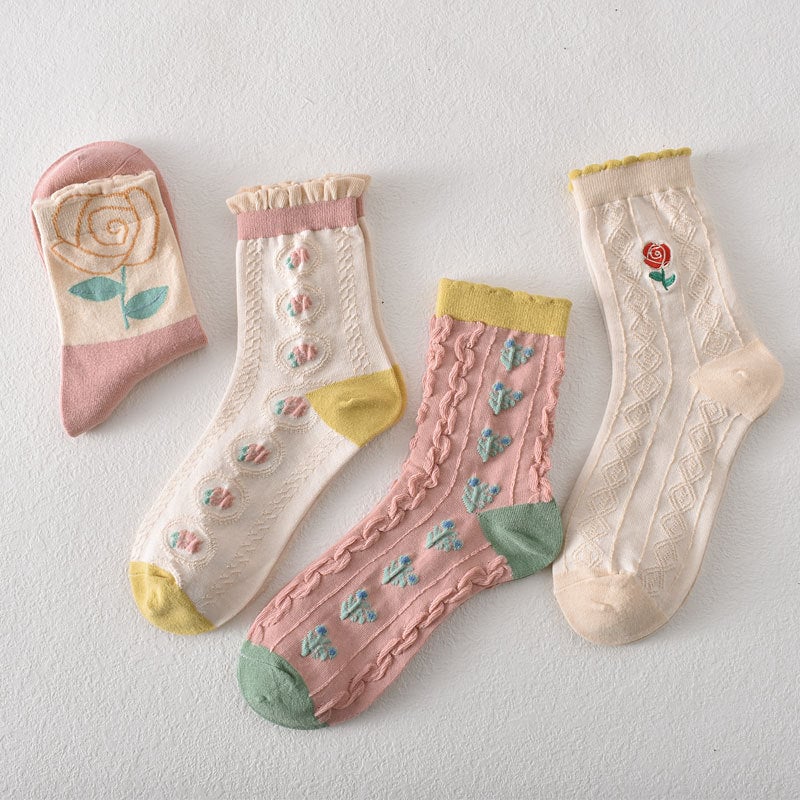 10 Pairs Women's Pink Floral Cotton Socks