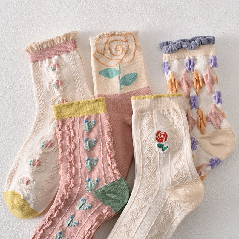 10 Pairs Women's Pink Floral Cotton Socks