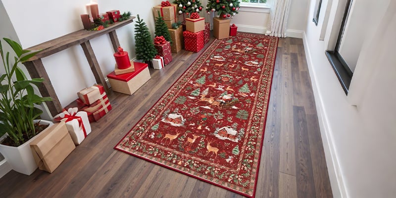 A warm, inviting hallway with the Christmas Long Floor Runner extending from the front door toward a beautifully decorated living room, showing seamless festive continuity