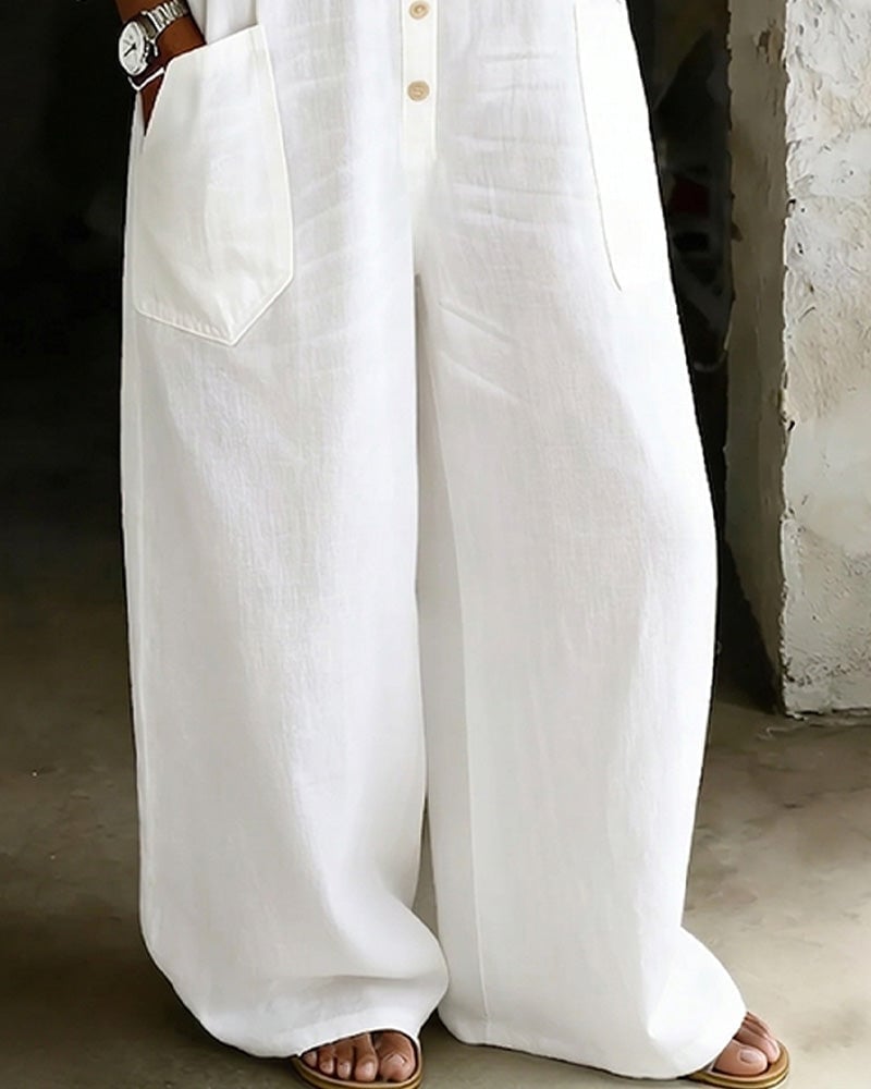 Jumpsuit 100% Baumwolle Reverskragen Casual Weites Bein