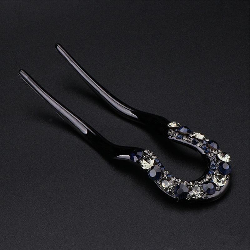 U-shape Crystal Rhinestone Double Prong Hair Pin Stick