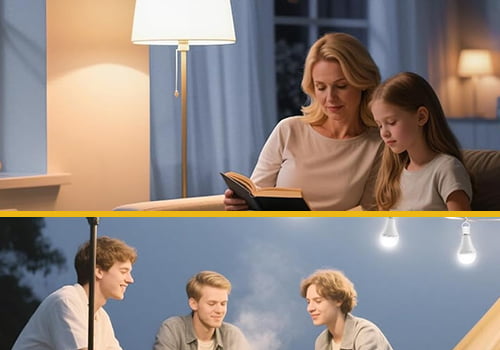 Family using emergency rechargeable LED bulbs during a blackout